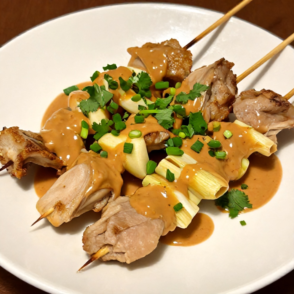 Plated Vietnamese Lemongrass Chicken Skewers with peanut sauce and garnished with fresh cilantro