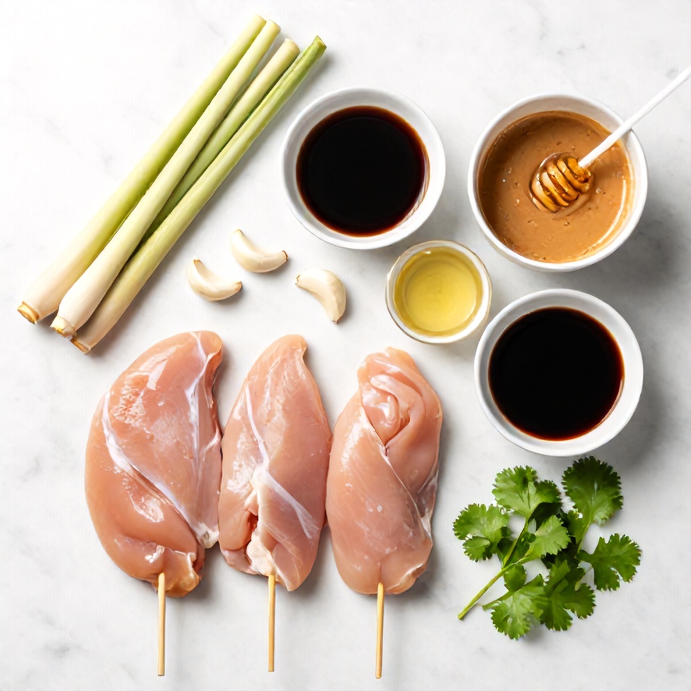 Raw ingredients for Vietnamese Lemongrass Chicken Skewers on a marble surface