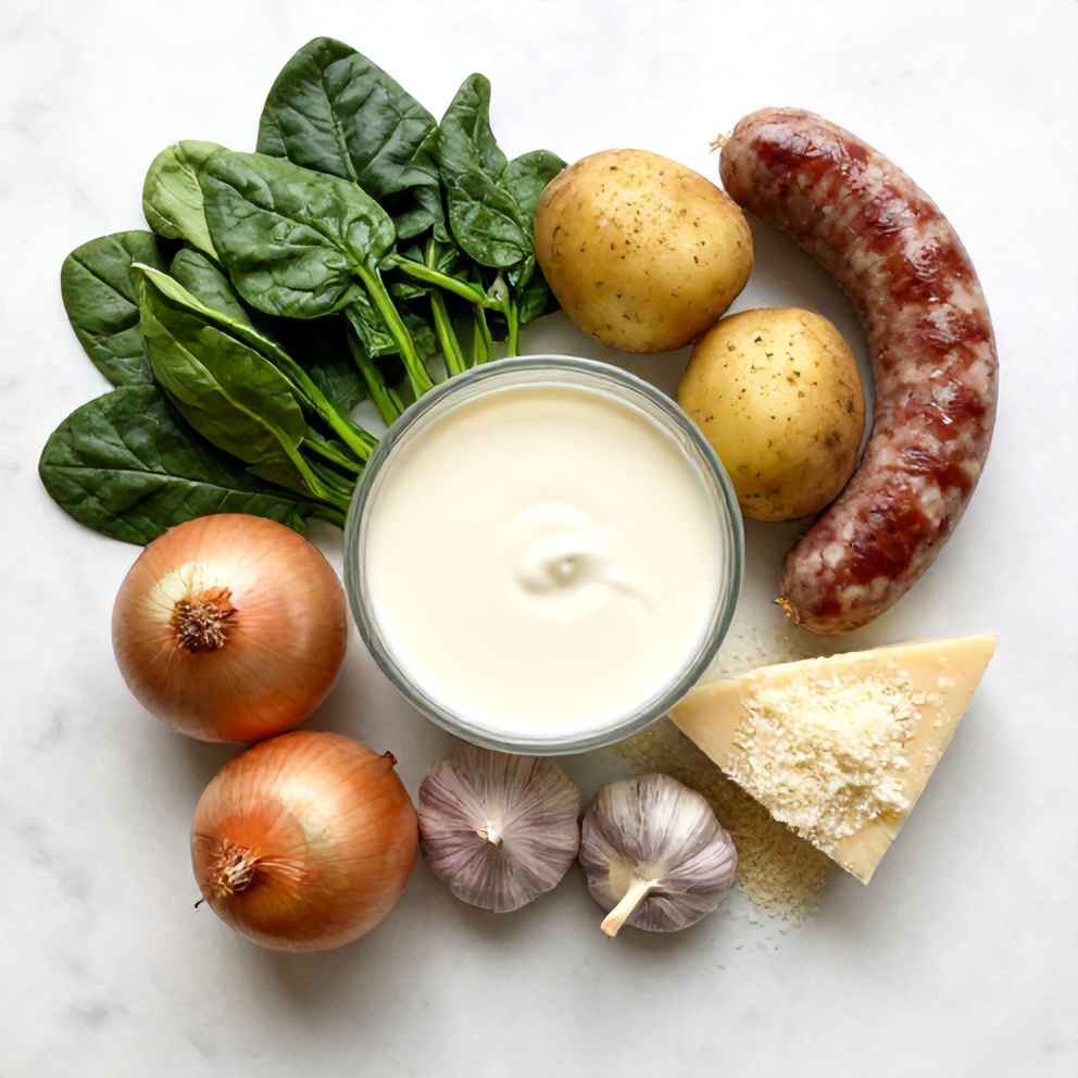 Raw ingredients for Zuppa Toscana Casserole: Italian sausage, potatoes, spinach, onions, garlic, heavy cream, chicken broth, and Parmesan cheese.
