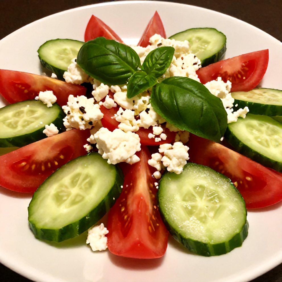 Plated Fresh Cucumber Tomato Feta Salad with fresh basil