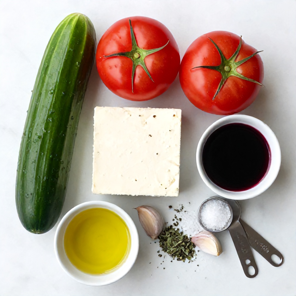 Raw ingredients for Fresh Cucumber Tomato Feta Salad on a marble surface