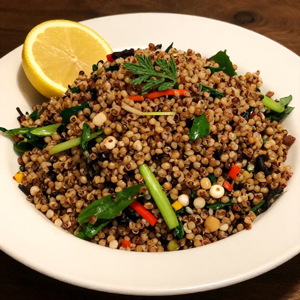 Quinoa Tabbouleh Salad served on a white plate with a lemon wedge