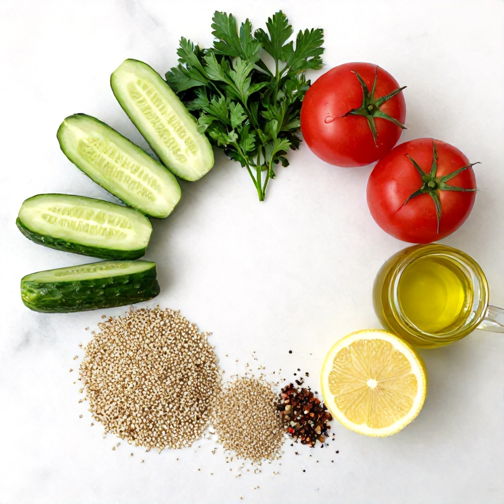 Quinoa, cucumber, tomatoes, parsley, and other ingredients for Quinoa Tabbouleh Salad