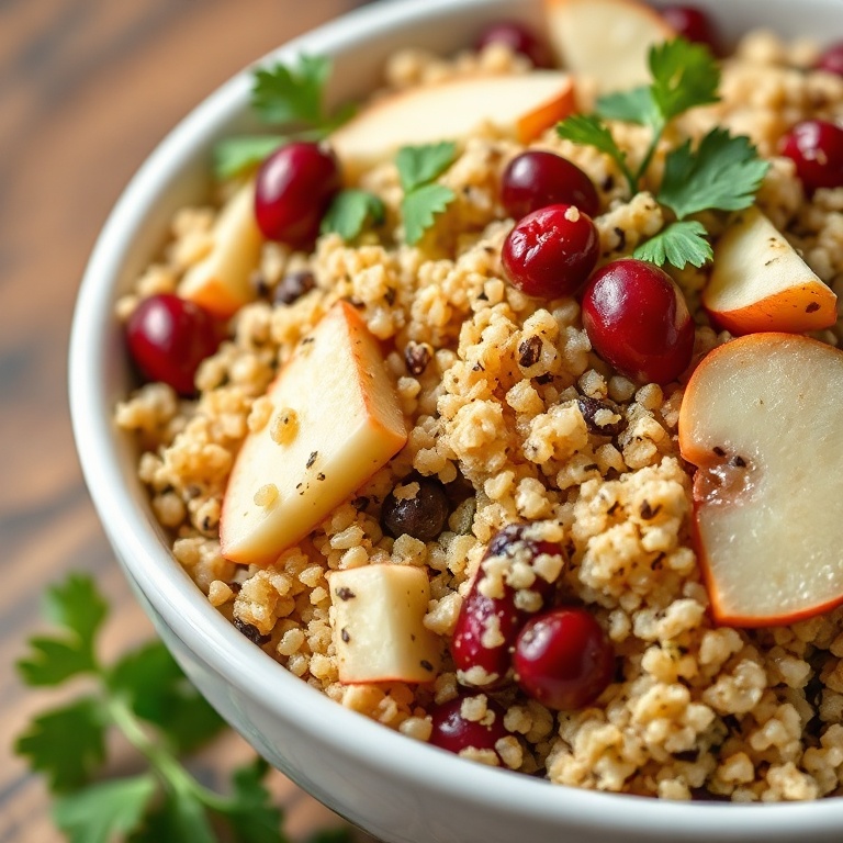 A quinoa salad with apple and cranberries in a white ceramic bowl