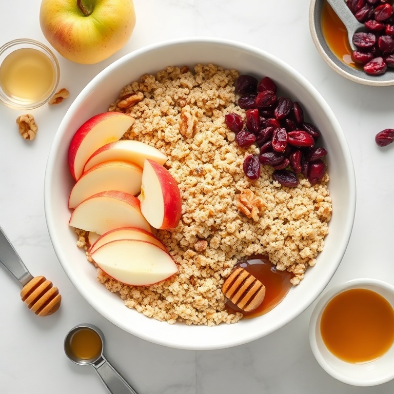 Quinoa, apple, dried cranberries, walnuts, and honey in a white bowl