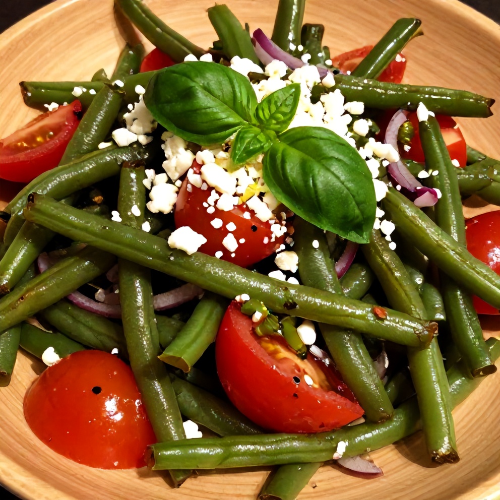 Plated green bean and tomato salad with tangy vinaigrette