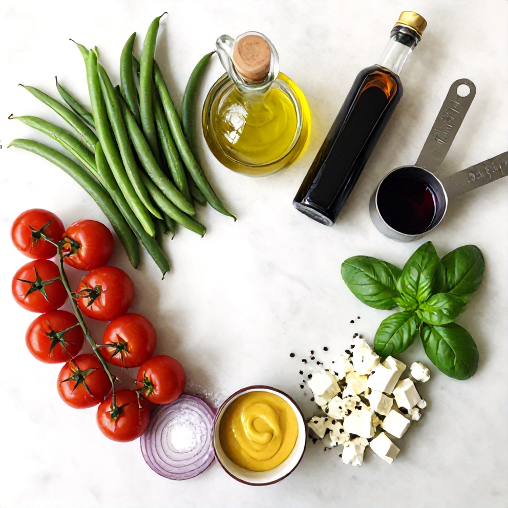 Raw ingredients for green bean tomato salad