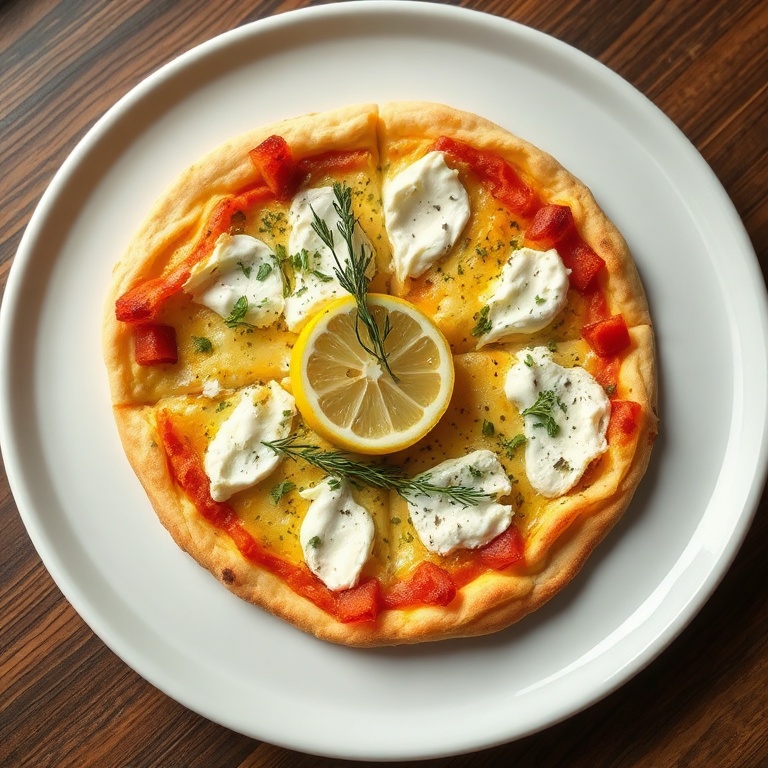 A perfectly plated lemon pizza with ricotta and thyme, garnished with fresh herbs and a lemon wedge