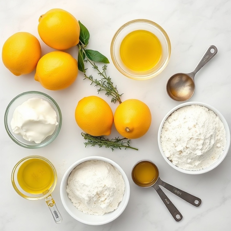 Fresh lemons, ricotta cheese, thyme, flour, butter, and olive oil arranged in a flat lay