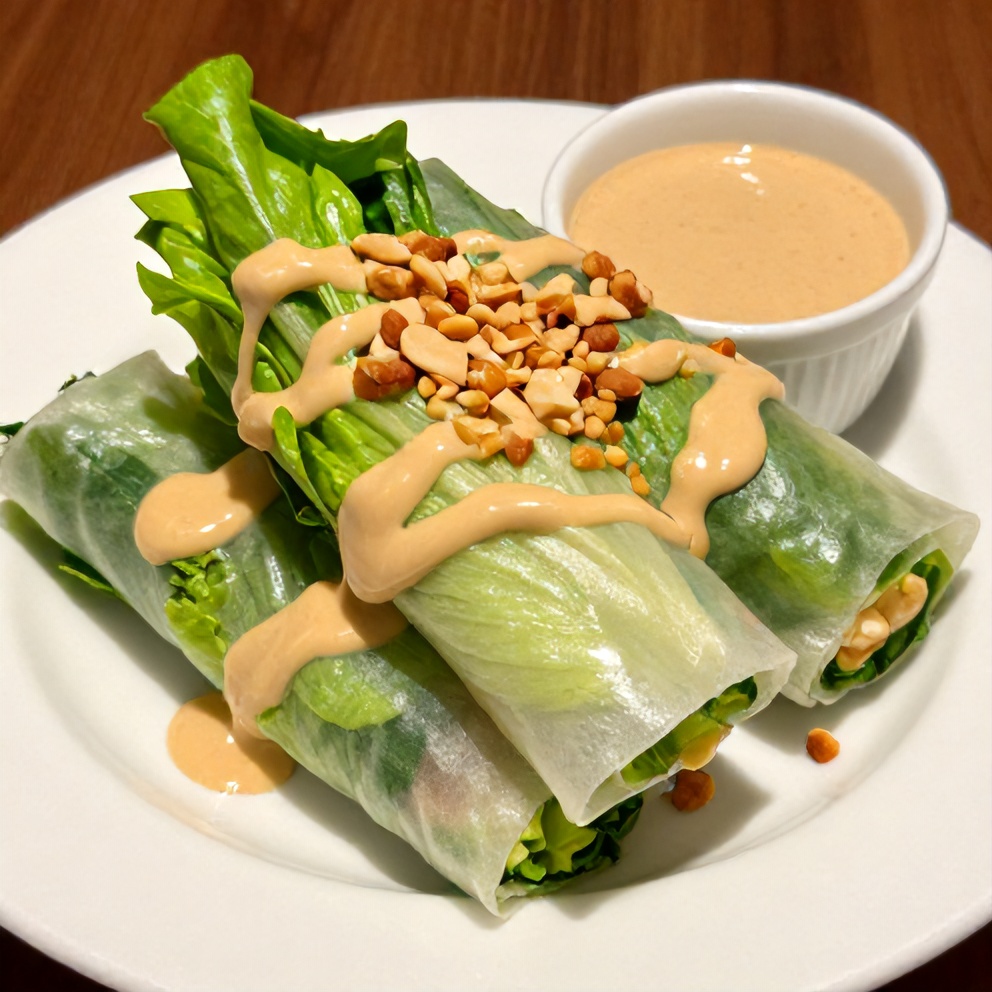 Plated fresh lettuce wrapped veggie spring rolls with almond dip on a white plate