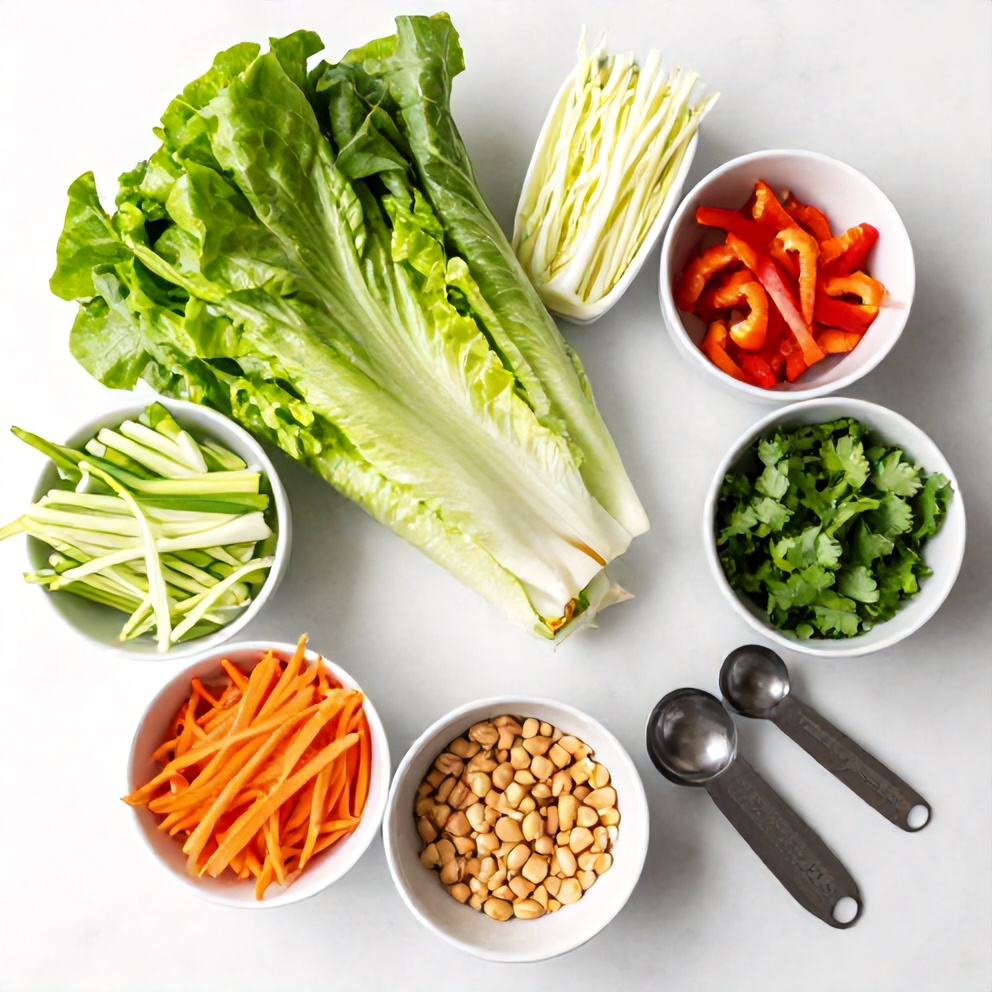 Raw ingredients for fresh lettuce wrapped veggie spring rolls on a white marble surface