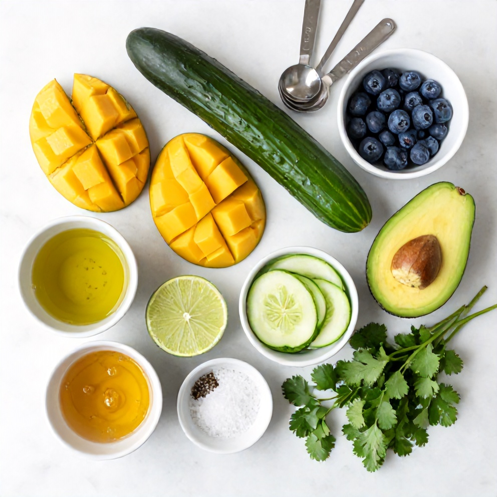 Raw ingredients for Fresh Mango Cucumber Salad