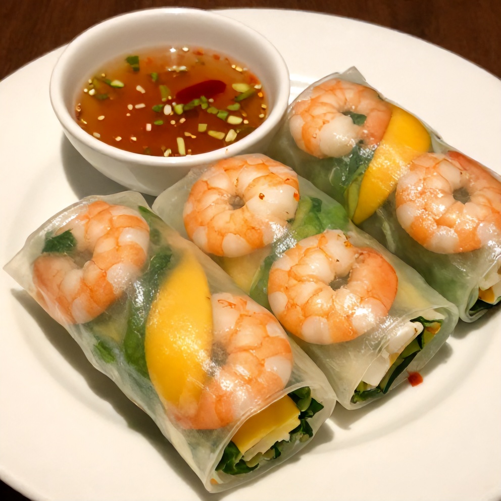 Mango Shrimp Summer Rolls on a white plate with dipping sauce