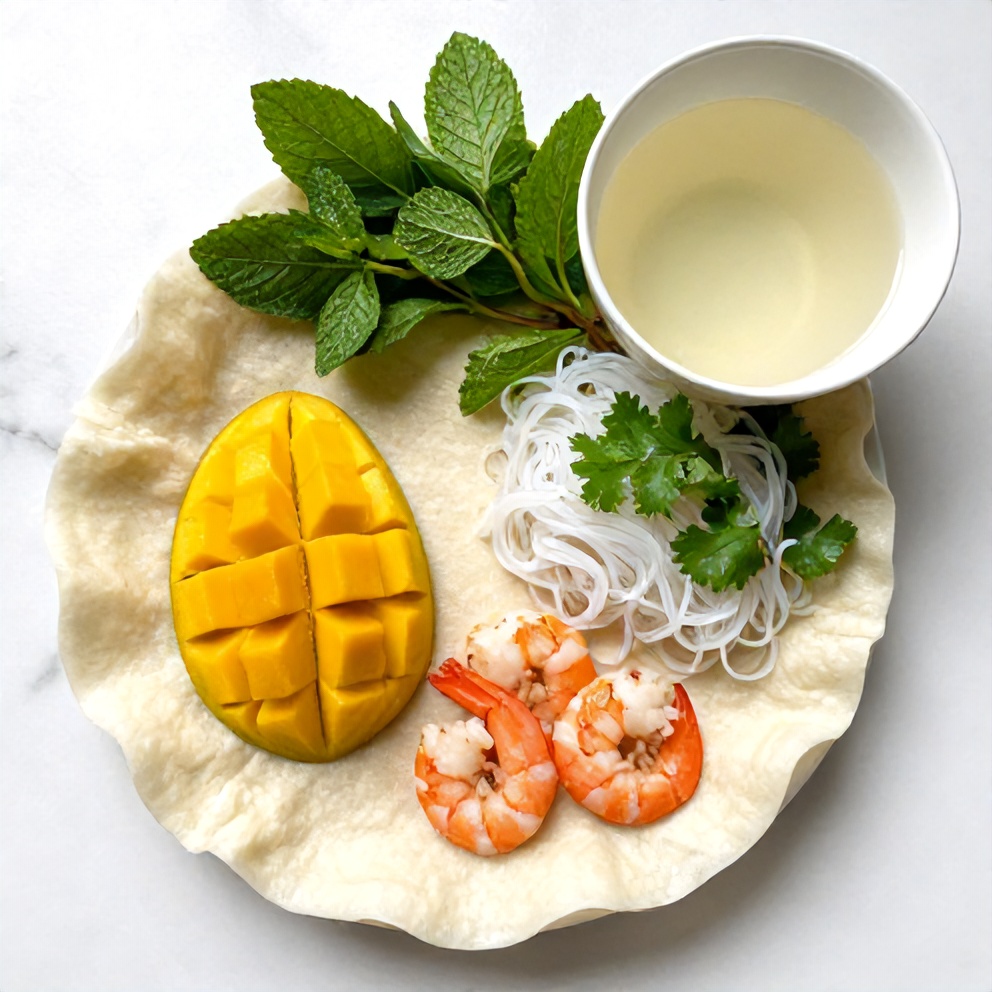Rice paper, mango, shrimp, vermicelli noodles, and herbs on a wooden surface