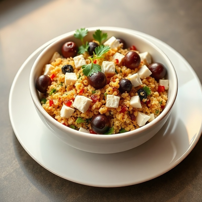 A perfectly plated bowl of Mediterranean quinoa salad with feta, olives, and fresh parsley, served on a white ceramic plate with warm side lighting.