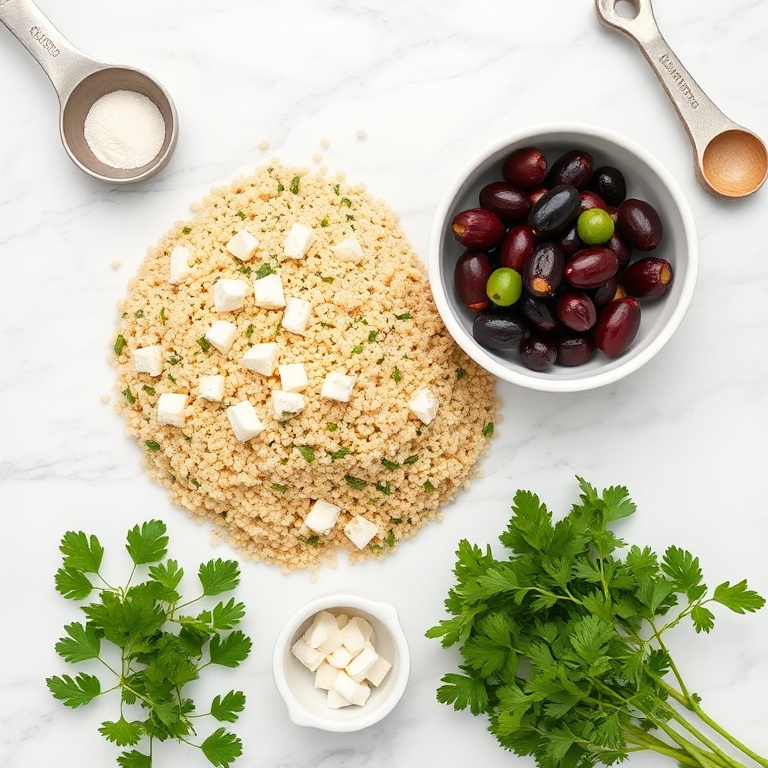 A flat lay of quinoa, feta, olives, cucumber, red onion, and parsley arranged on a white marble surface with measuring spoons and bowls.