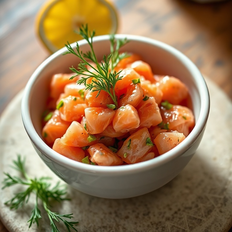 Fresh Salmon Tartare with Lemon and Jalapeño. Served in a white ceramic bowl with a sprig of dill on top. Warm side lighting highlights the textures.