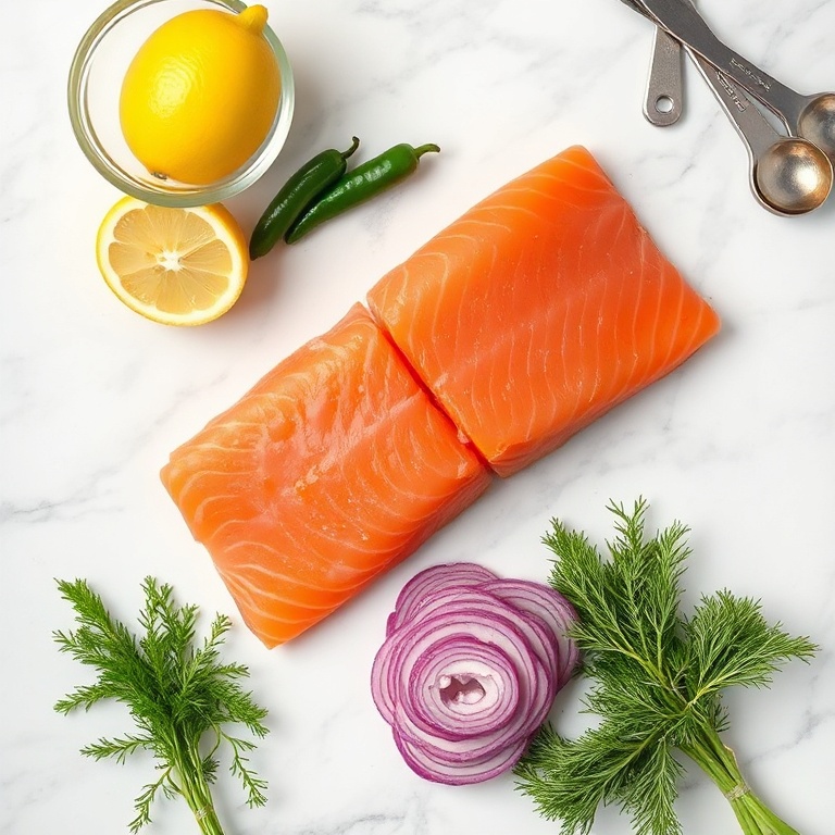 Fresh salmon, lemon, jalapeño, red onion, dill, capers, olive oil, and a small bowl of lemon juice. All arranged on a white marble surface.