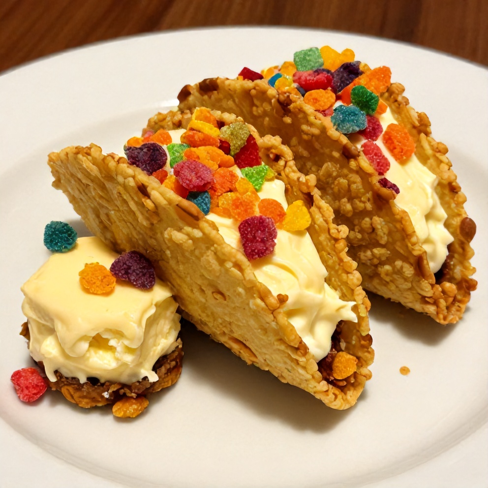 One perfect plated serving of Fruity Pebbles Cheesecake Tacos on a white plate, showing crispy cereal crust, creamy cheesecake filling, and a sprinkle of extra Fruity Pebbles for garnish, warm side lighting showing texture, photorealistic food photography.