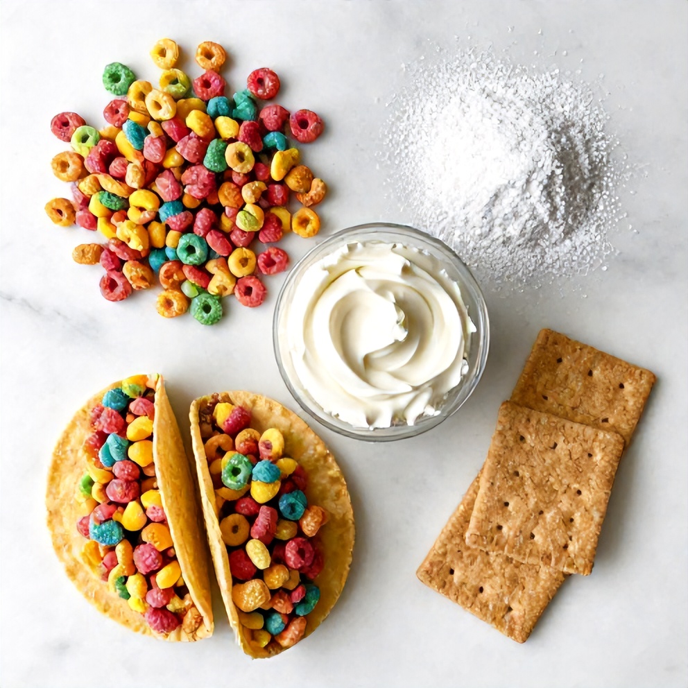 Overhead flat lay of raw ingredients including Fruity Pebbles cereal, cream cheese, powdered sugar, and graham crackers, arranged on a white marble surface with bright even light, photorealistic overhead food photography.