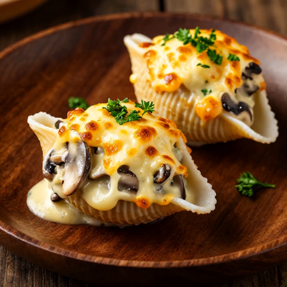 Plated garlic mushroom stuffed shells with parsley garnish