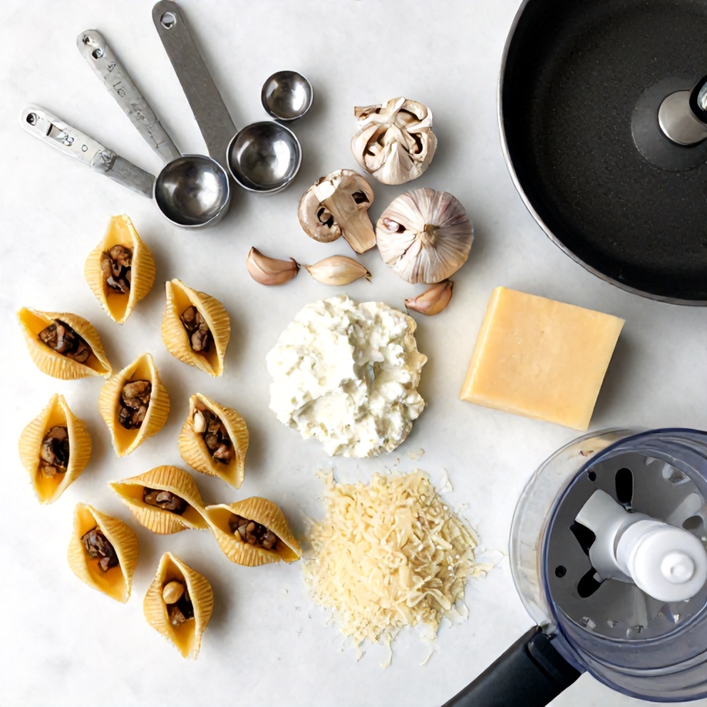 Raw ingredients for garlic mushroom stuffed shells