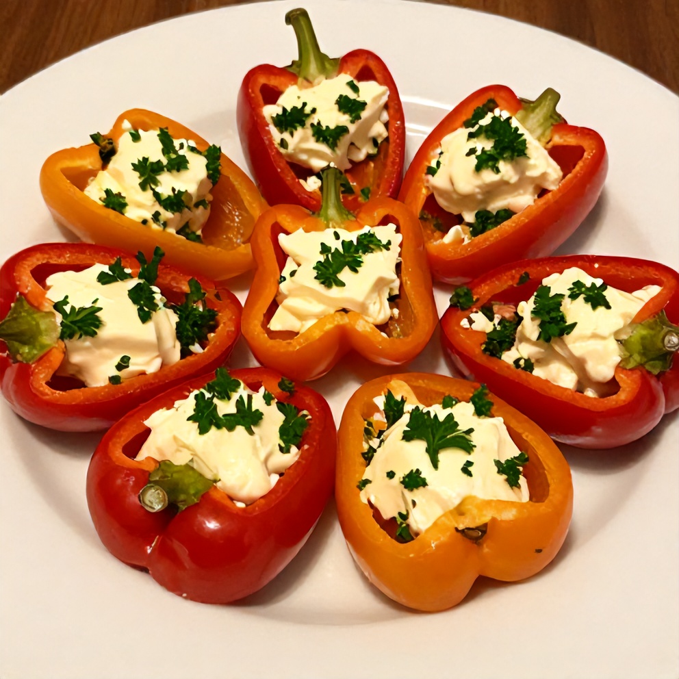 Plated goat cheese stuffed mini peppers with fresh parsley