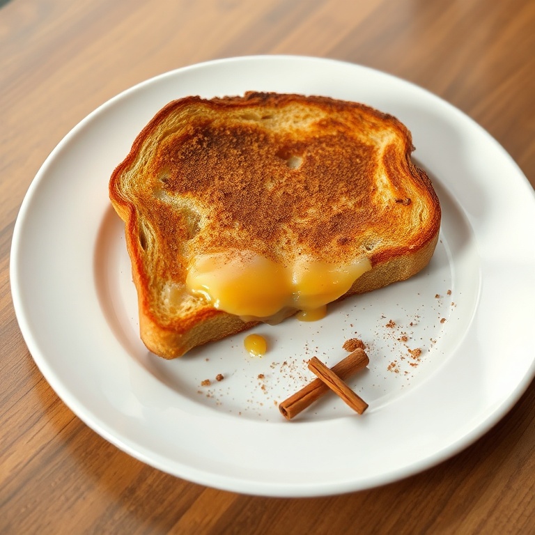 Perfectly plated toast with a crispy edge and gooey center. Garnished with cinnamon. White plate with warm lighting.
