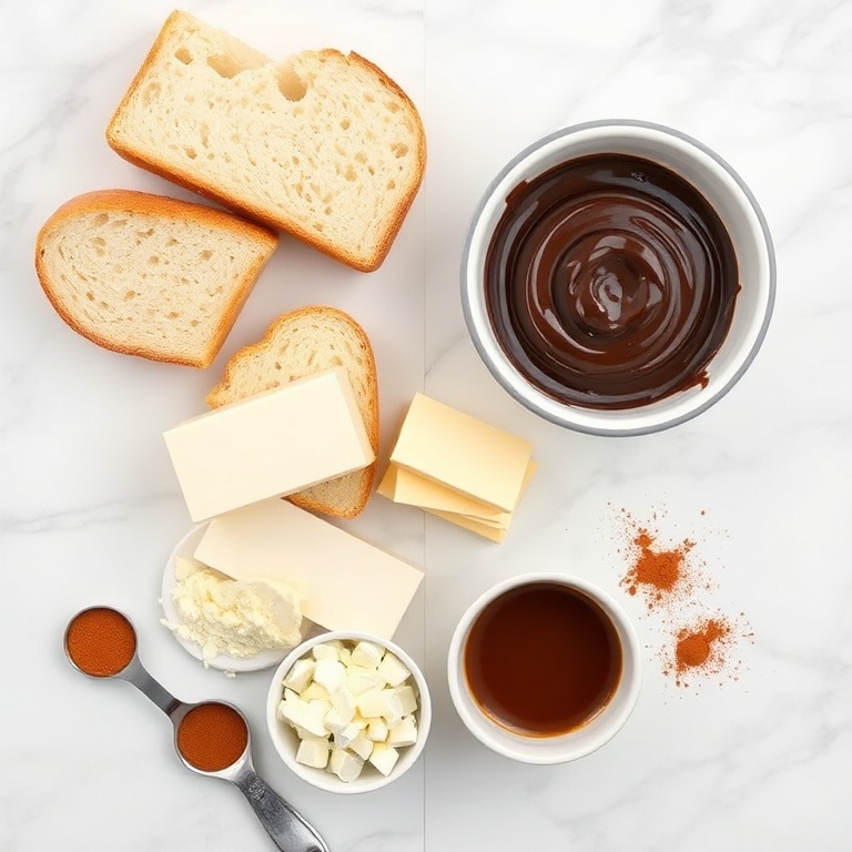 Bread, butter, chocolate, cheese, and cinnamon arranged in an overhead flat lay. Measuring spoons and bowls nearby.