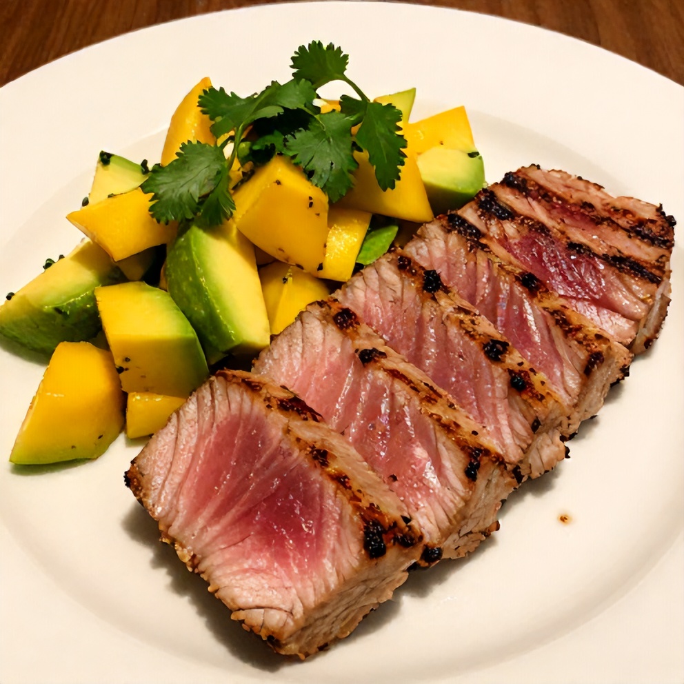 Plated grilled tuna steak with fresh mango avocado salsa