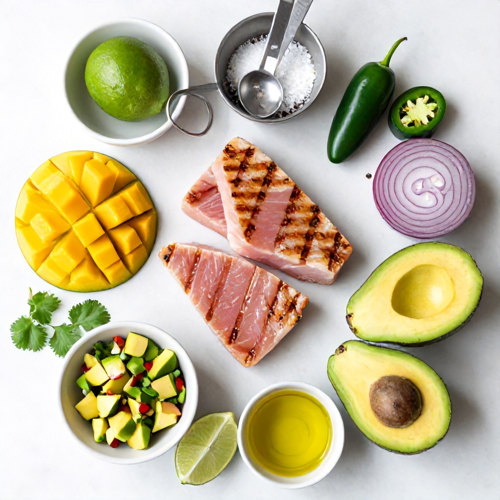 Raw ingredients for grilled tuna steak with mango avocado salsa