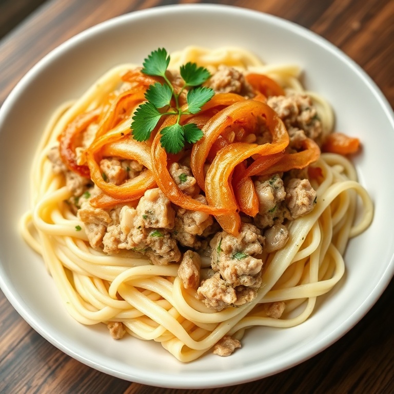 Crispy golden onions and tender ground turkey in a creamy sauce, served over noodles
