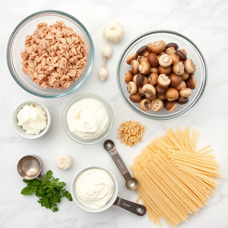 Ground turkey, mushrooms, onions, garlic, sour cream, and noodles arranged in a flat lay