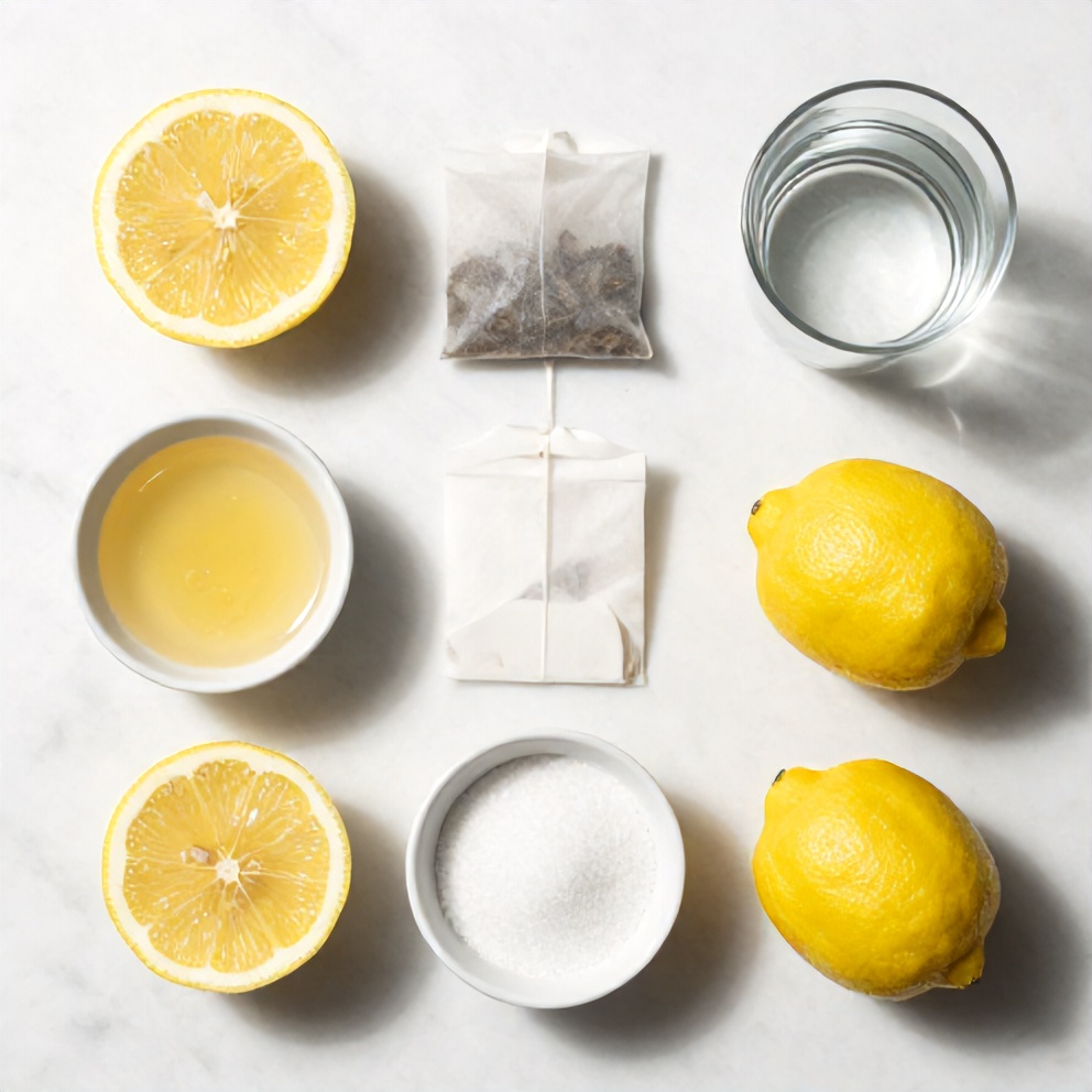 Guava, white tea bags, lemons, sugar, and water arranged on a marble surface