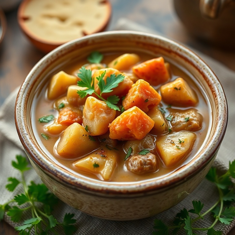 A bowl of hearty irish vegetarian stew topped with fresh parsley and served in a rustic ceramic bowl