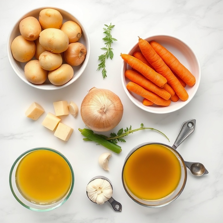 Raw ingredients for hearty irish vegetarian stew including potatoes, carrots, onions, garlic, and vegetable broth