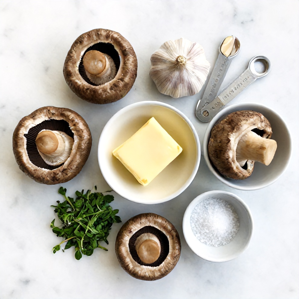 Raw mushrooms, garlic, butter, herbs, and seasonings laid out
