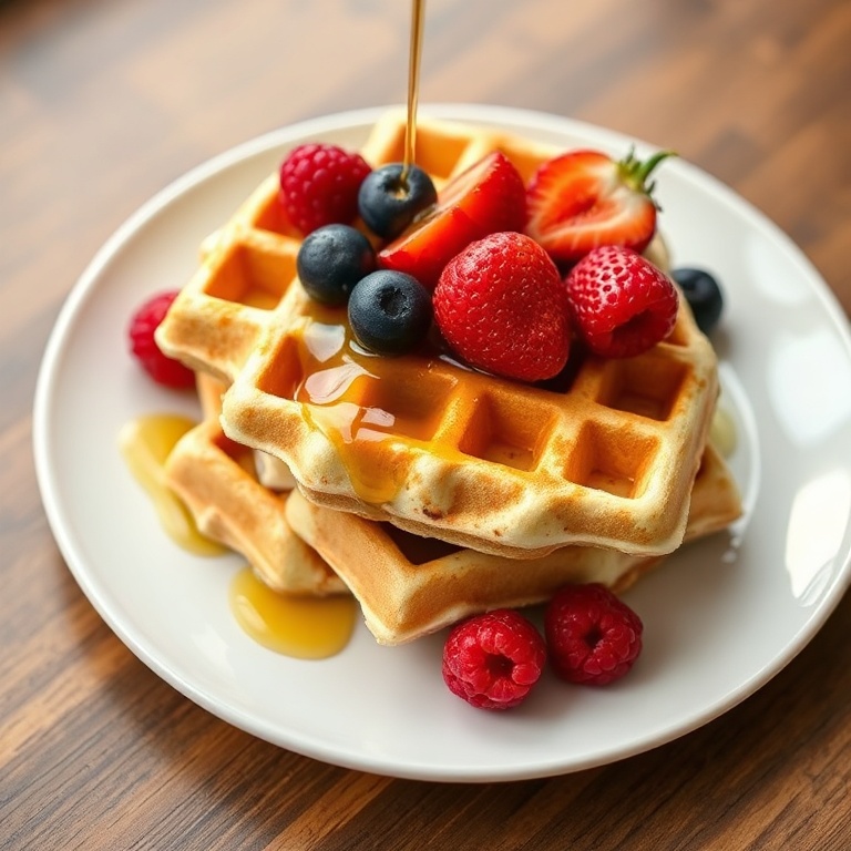 Perfect plated high protein cottage cheese waffles with a drizzle of honey and fresh berries. Close crop. White ceramic plate with warm side lighting.