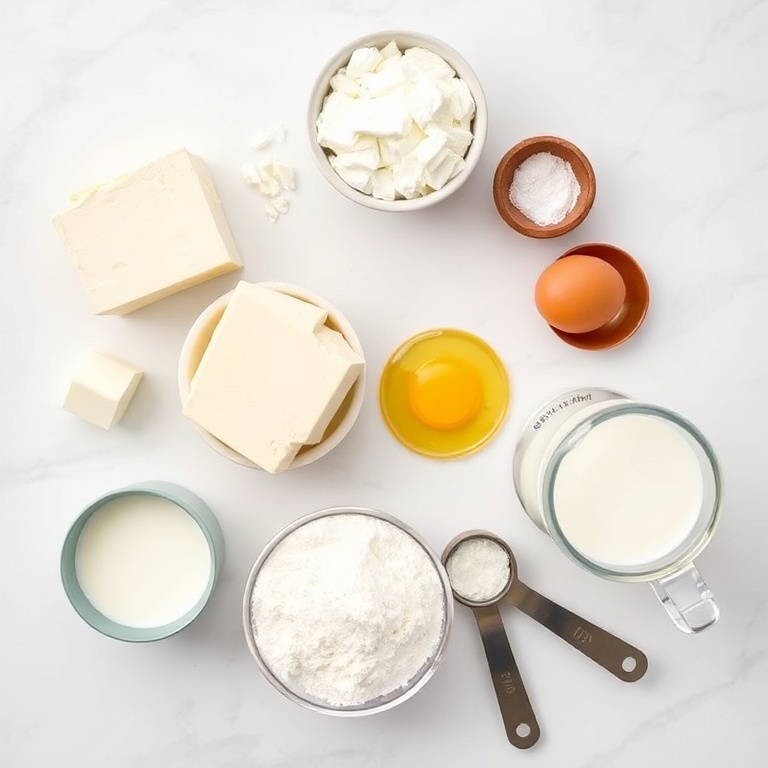 Raw ingredients for high protein cottage cheese waffles arranged in an overhead flat lay. Cottage cheese, eggs, flour, baking powder, and milk prominently displayed. Measuring spoons and cups visible. White marble surface.