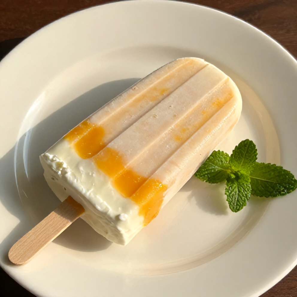 High Protein Mango Greek Yogurt Popsicle on a white plate