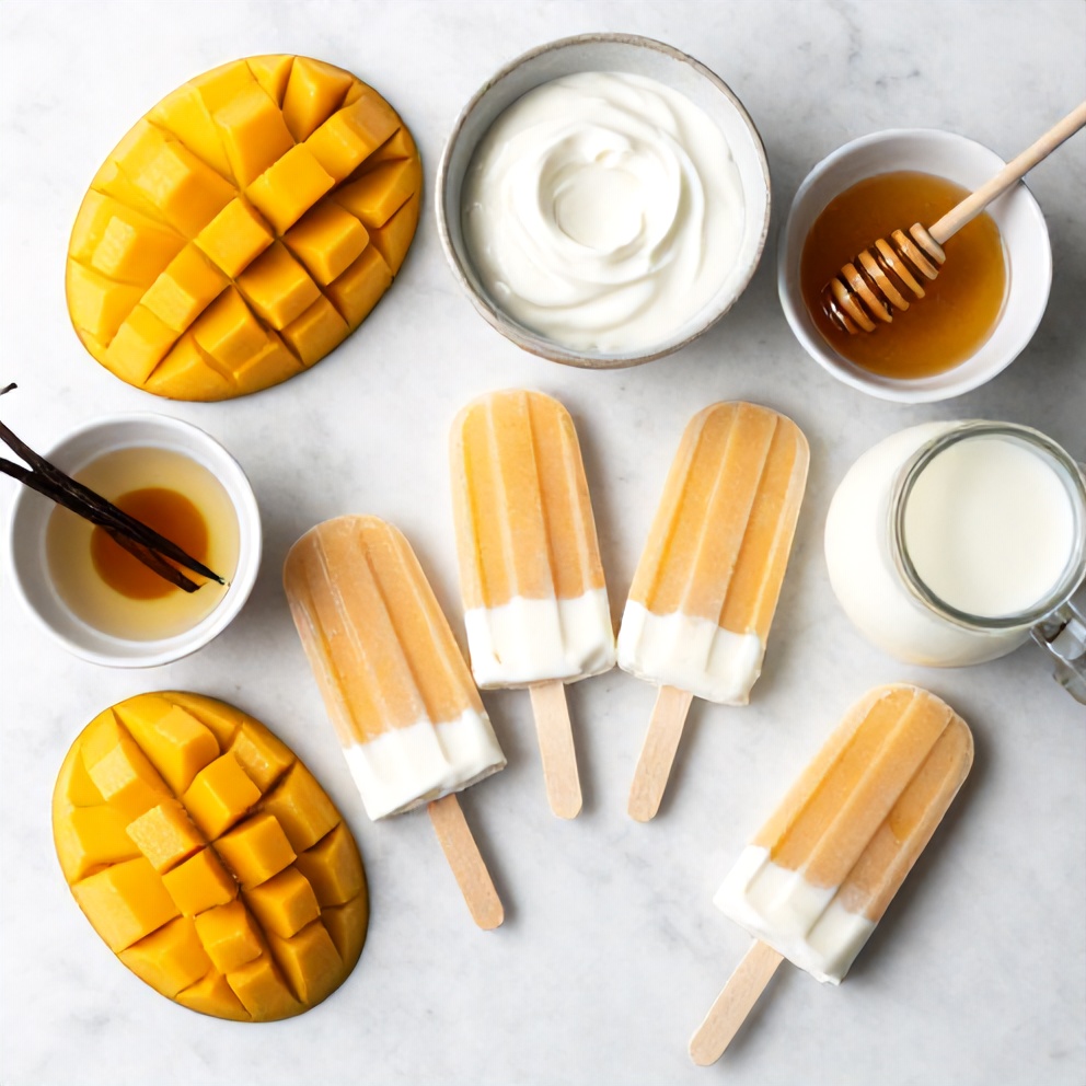 Raw ingredients for High Protein Mango Greek Yogurt Popsicles on a marble surface