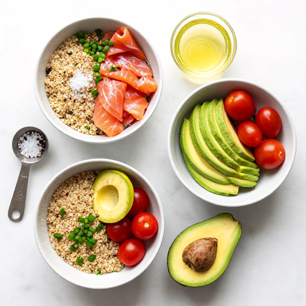 Ingredients for high protein smoked salmon quinoa breakfast bowls
