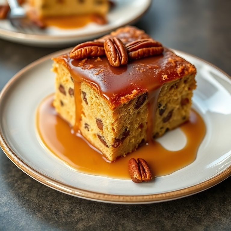 Perfect plated butter pecan cake with salted caramel sauce. Garnished with pecans. Close crop. Warm side lighting shows texture. Photorealistic food photography. No text. No watermark.