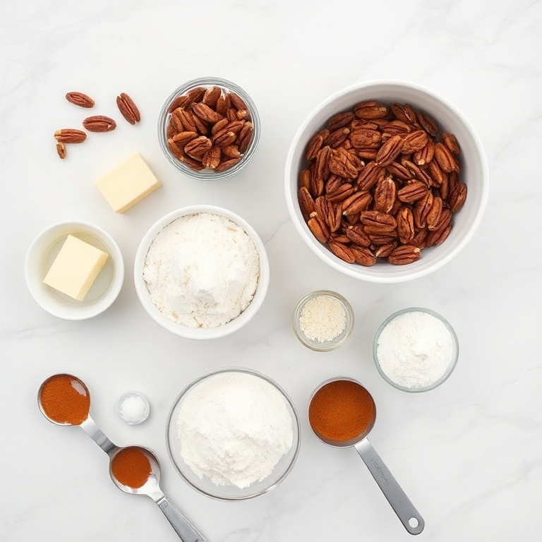 Overhead flat lay of butter pecan cake ingredients. Pecans, butter, flour, sugar, and cinnamon visible. Prep bowls and measuring spoons in view. White marble surface. Bright even light. Photorealistic food photography. No text. No watermark.