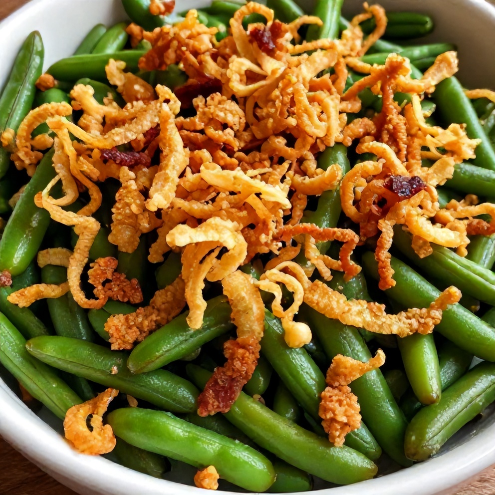 Served green bean casserole with crispy fried onions on top