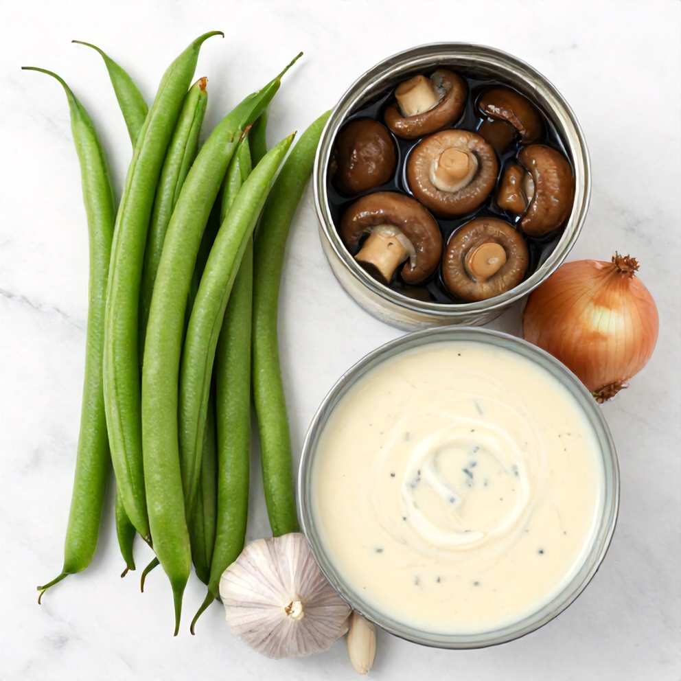 Fresh green beans, canned mushrooms, onions, garlic, and cream of mushroom soup arranged on a wooden surface