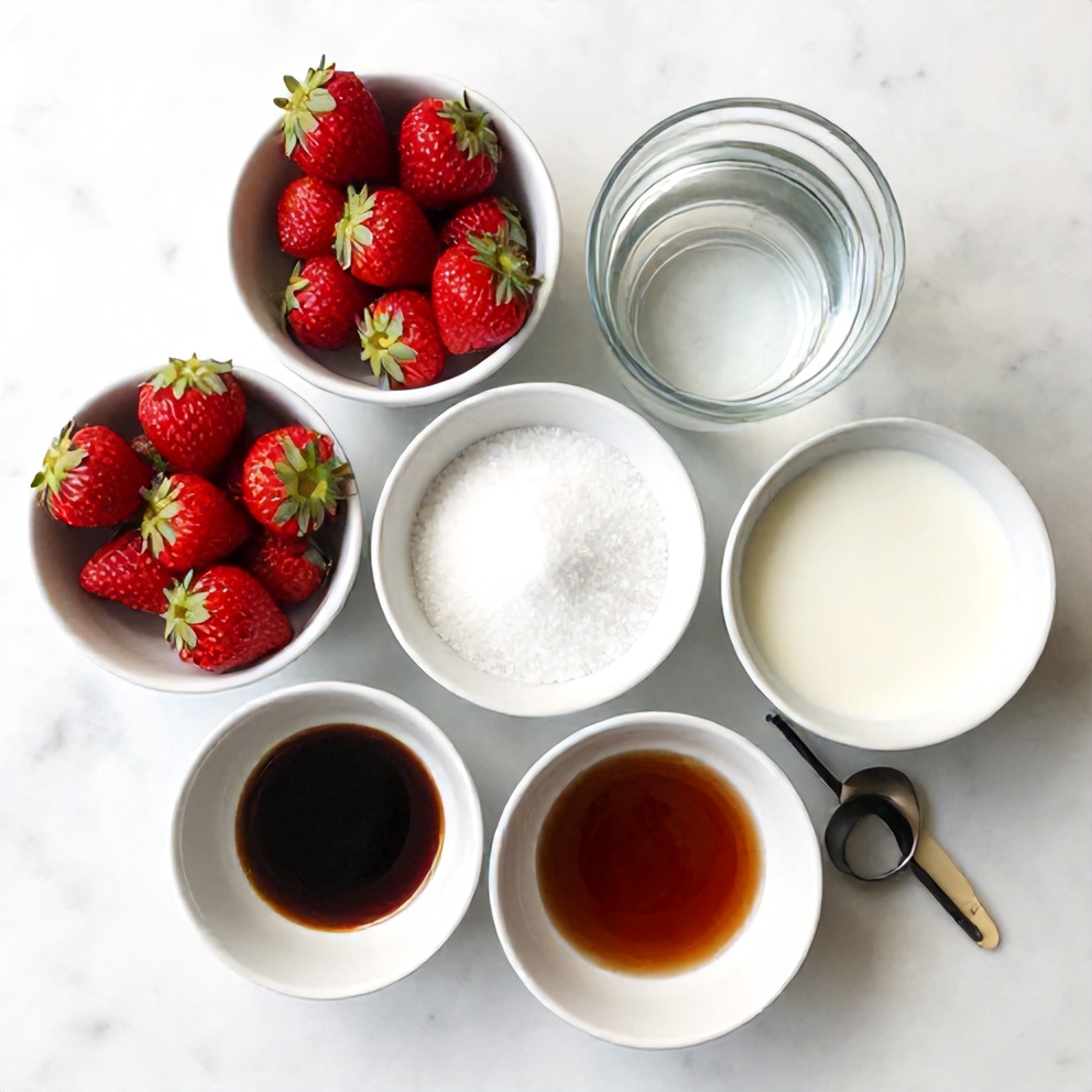 Raw ingredients for Korean strawberry milk: fresh strawberries, sugar, water, milk, and vanilla extract