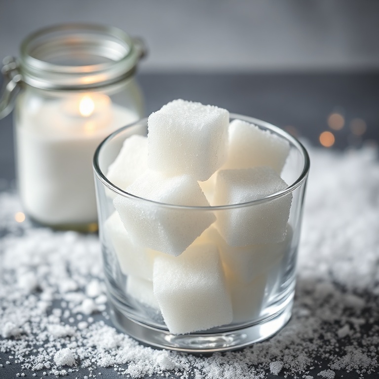 Sugar cubes in a glass cup, clear jar, sugar crystals glowing