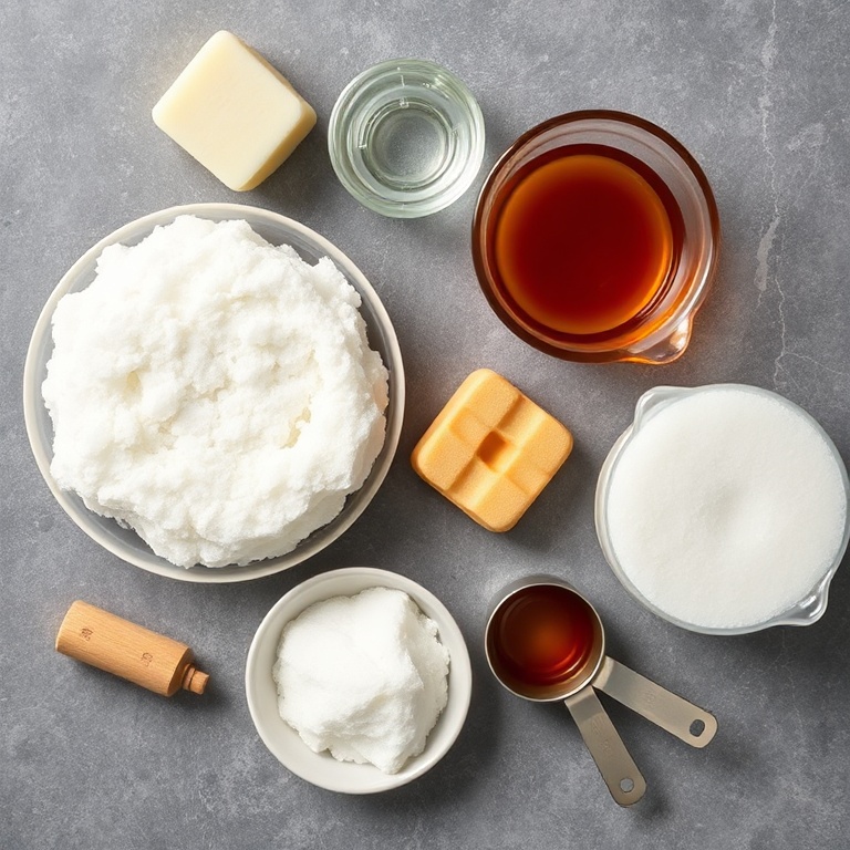 Raw sugar, water, syrup, mold, measuring tools arranged in a flat lay