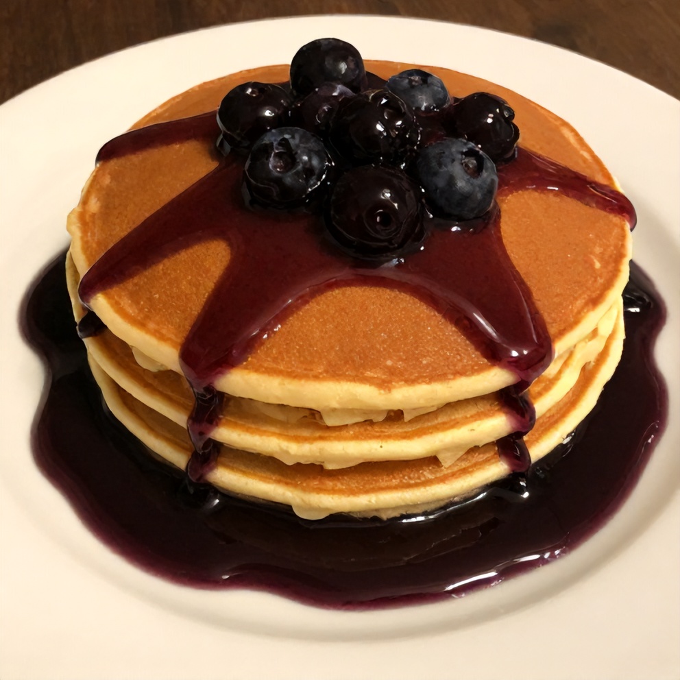 Blueberry syrup drizzled over pancakes
